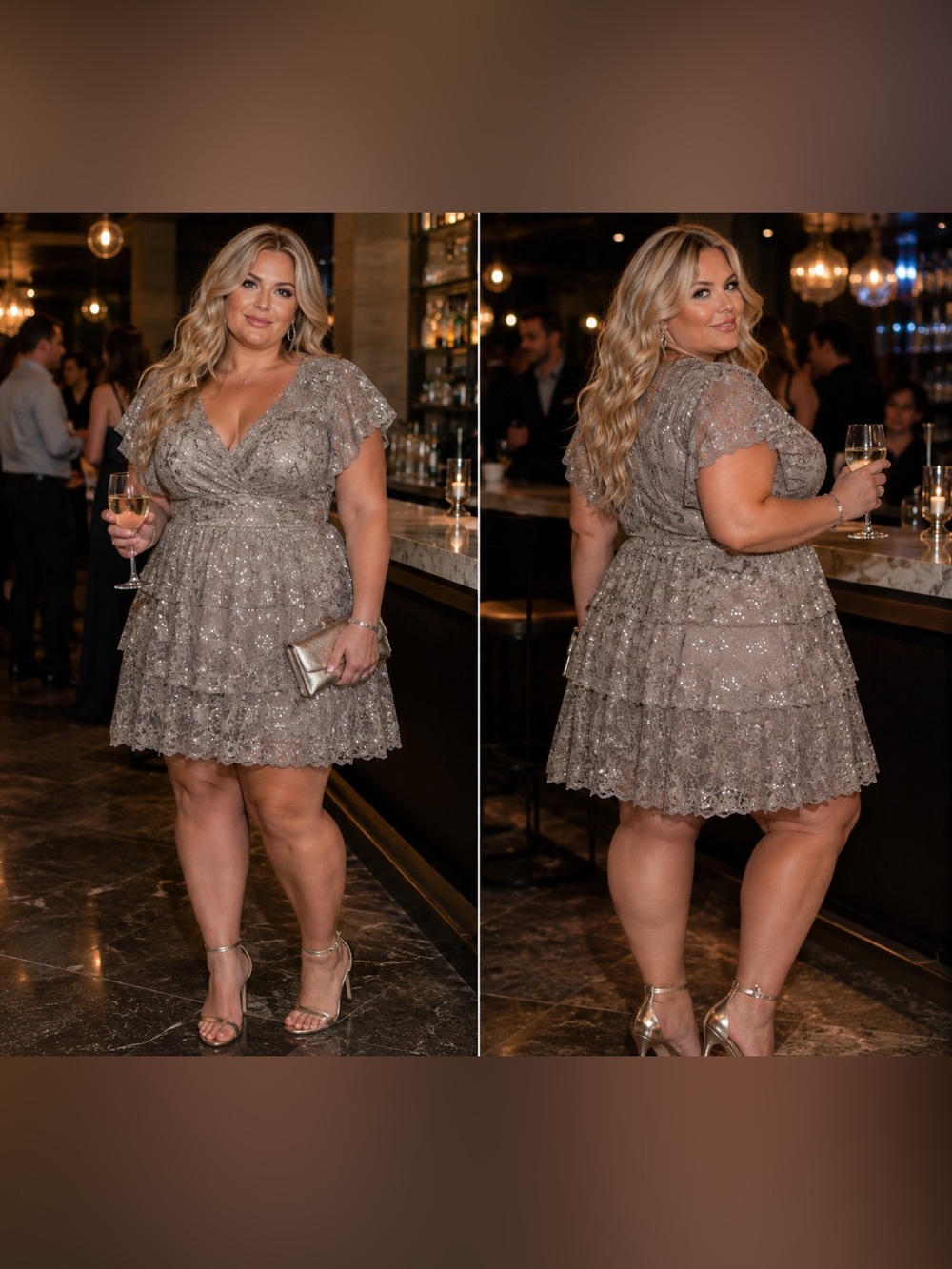 Avenue Gold Plus Size 16 Taupe Sequin Lace Cocktail Dress Tiered Party NWT